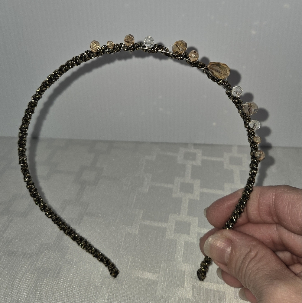 Tan, Yellow Beaded Headband, Black & Gold Wrapped